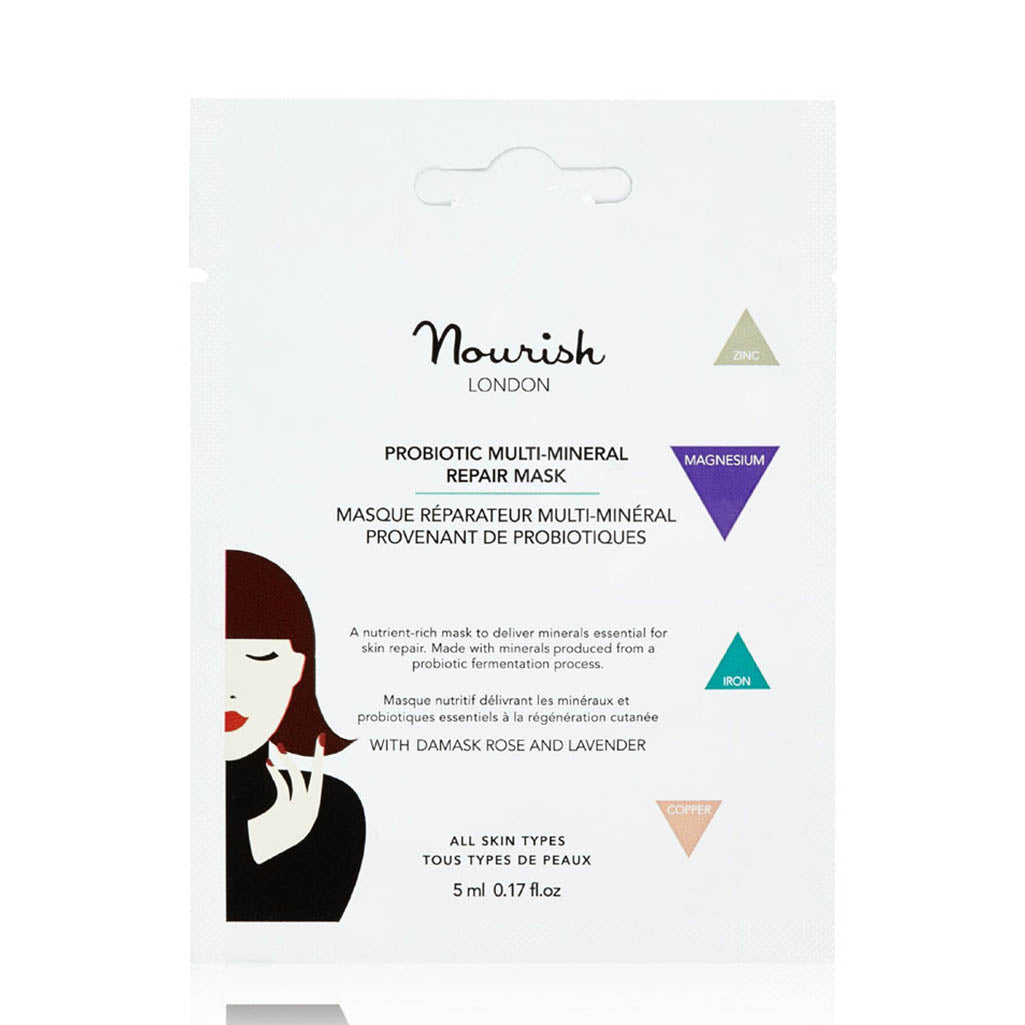 Nourish London probiotic multi-mineral repair mask sachet with mineral icons and woman illustration