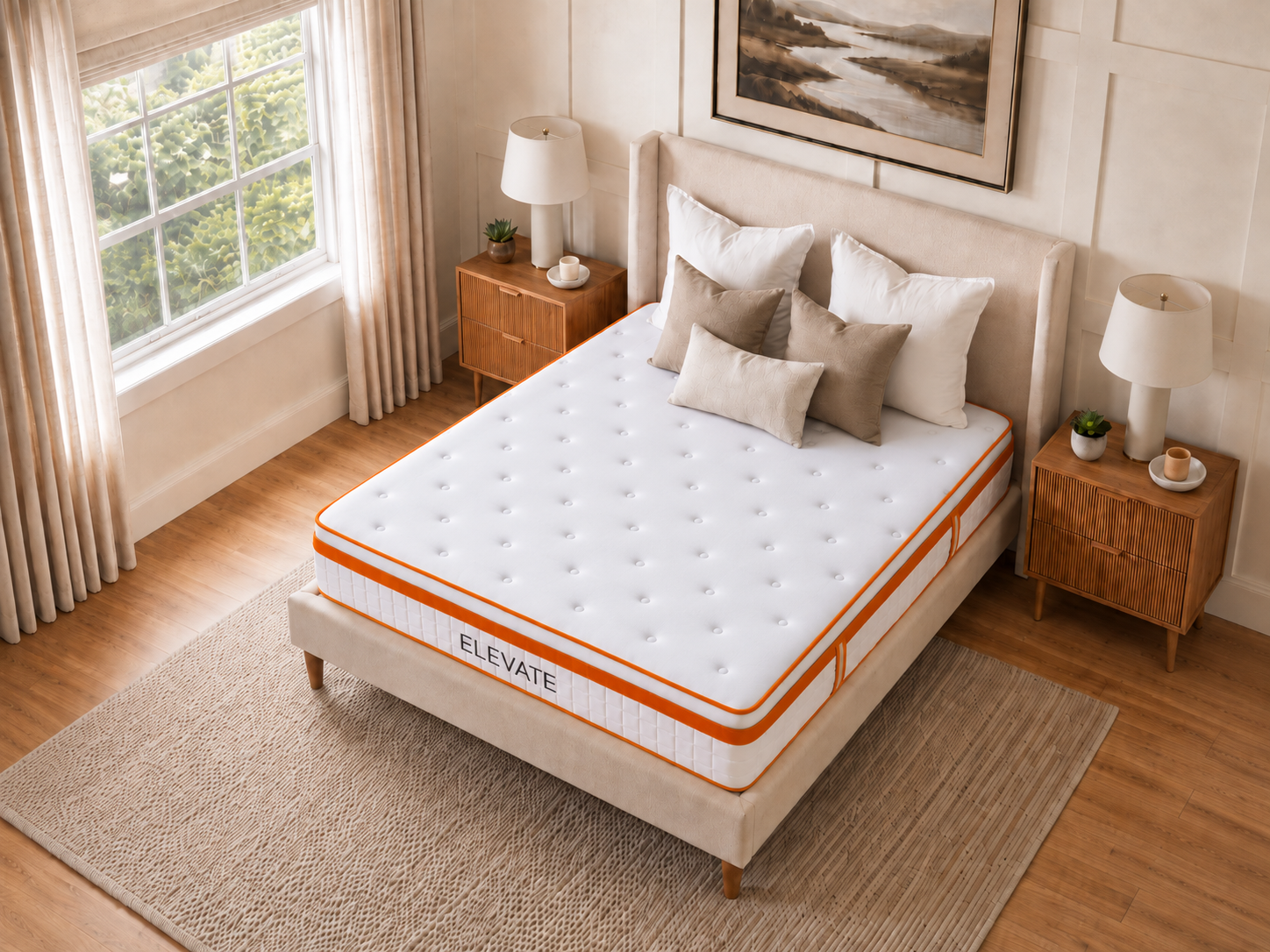 Angled view of ELEVATE mattress with white quilted top and orange trim on beige platform bed