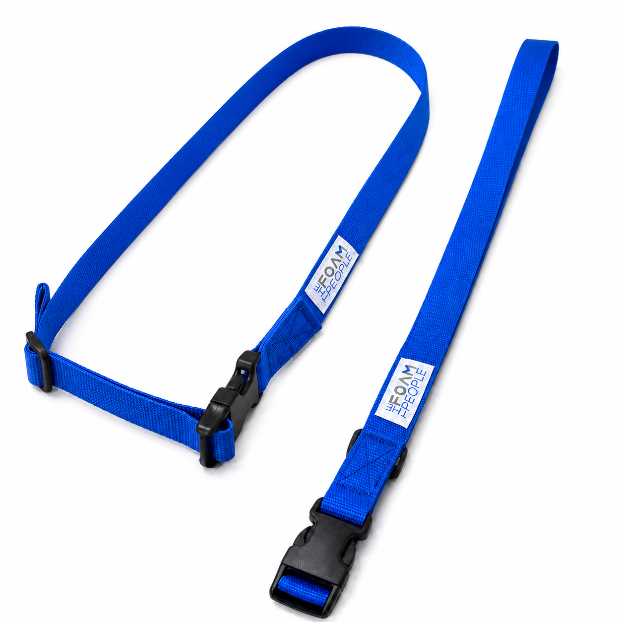 Blue nylon straps with black plastic buckles and white label tags for securing and fastening items